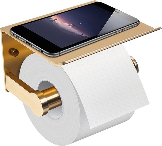 Porte-rouleau de toilette doré avec tablette pour téléphone, avec un smartphone posé dessus.