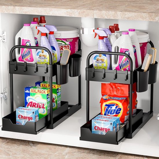 Keukenorganizer Voor Onder De Gootsteen - Set Van 2 Uittrekbare Lade Met Haken Keuken Badkamer Organiser Keukenorganizer Voor Onder De Gootsteen - Set Van 2 Uittrekbare Lade Met Haken Keuken Badkamer Organiser