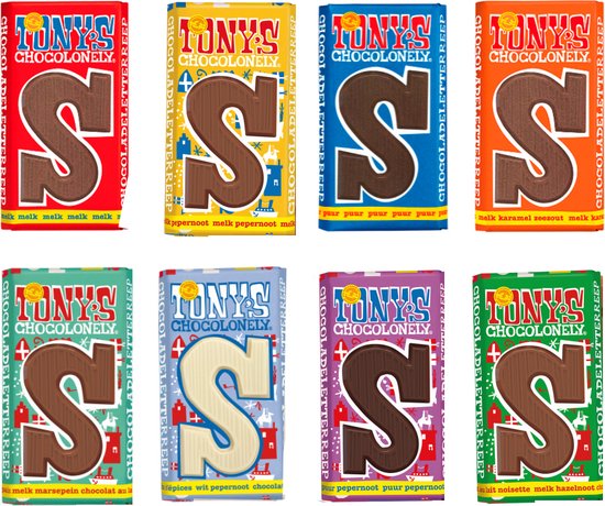 Foto: Tony chocolonely sinterklaas letterreep diverse smaken s 8 stuks van 180 gram melk karamel zeezout melk pepernoot puur pepernoot melk marsepein wit fairtrade sint chocolade wit pepernoot puur