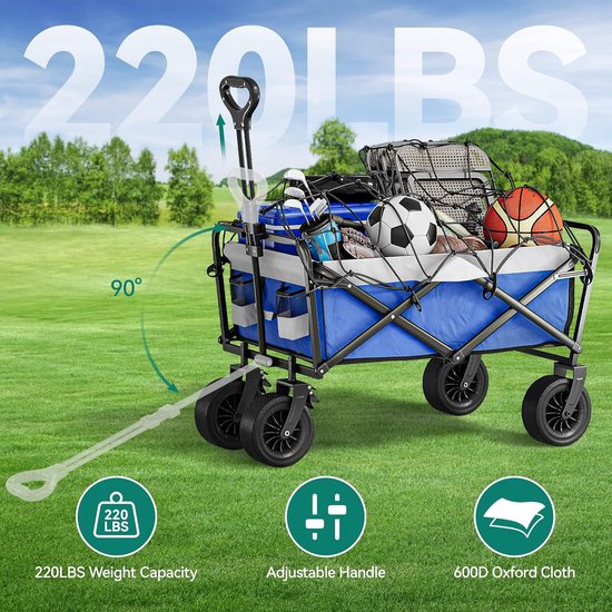 Bolderkar, opvouwbaar, 160 kg, zware belasting, met wielen en achterklep, opvouwbare handwagen voor boodschappen, camping, strand, tuin, zwart
