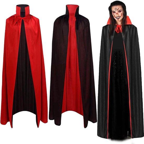 Cape D'Halloween Vampire Double Face - Noir Et Rouge - 140 Cm - Avec Capuche - Pour Homme Et Femme - Costume Soirée