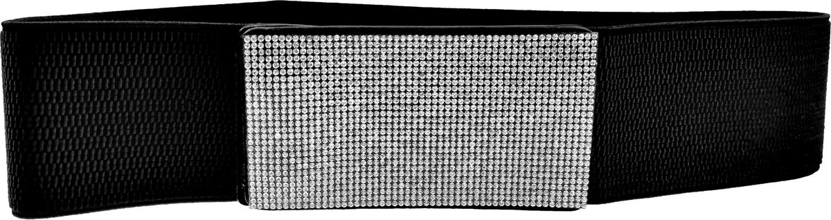 75cm tot 90cm Brede Riem Dames - Zwarte Elastische Riem - Stretchriem met Zirkonia Steentjes
