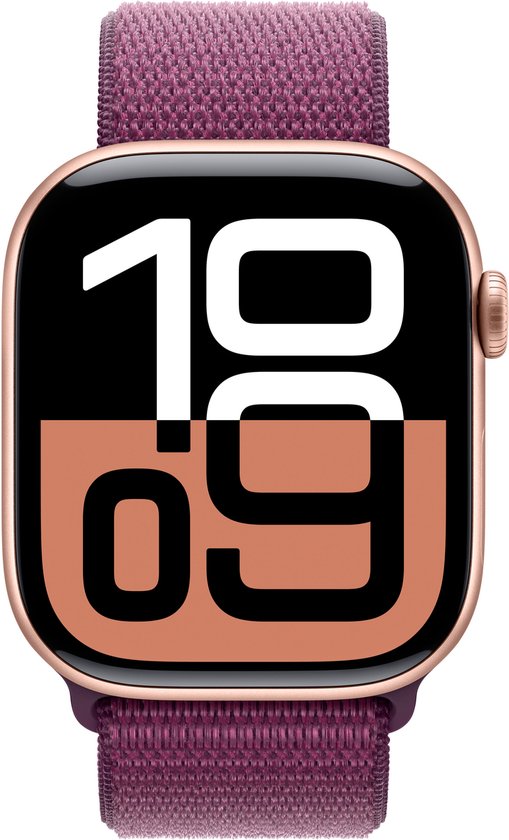 Rose gouden Apple Watch met een paars geweven sportbandje. De tijd 10:09 wordt weergegeven.