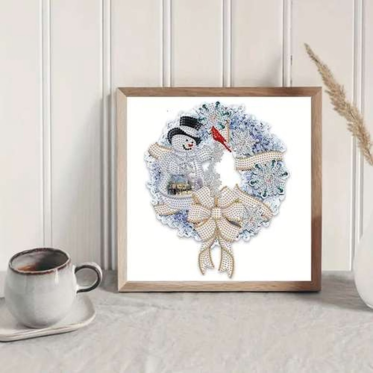 Diamond Painting - Sneeuwman krans - Kers - Ronde steentjes - Niet volledig - 30x30cm