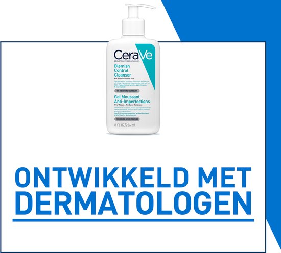 CeraVe Blemish Control Cleanser reinigingsgel met pompdispenser. Witte fles met turquoise en zwarte opdruk.