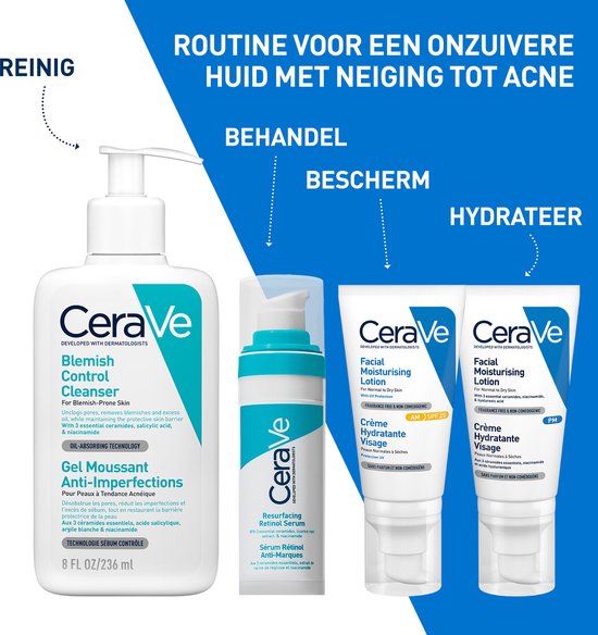 CeraVe Blemish Control Cleanser en twee CeraVe Moisturising lotions in een set. Witte verpakkingen met blauwe en groene opdruk.