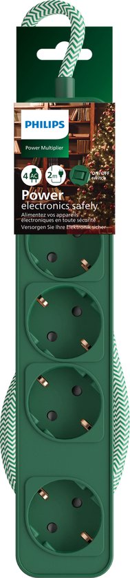 Philips tafelcontacdoos 4 voudig met schakelaar Kerst groen