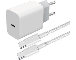 65W USB Adapter + 1 Meter Kabel - Geschikt voor Oplaadkabel iPhone 15, iPhone 16 Series en Samsung Devices - Stekkerblok met USB C Kabel - GaN Snellader - Nylon Gevlochten - Wit