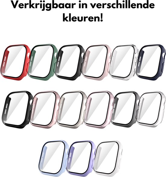 Overzicht van Apple Watch hoesjes in verschillende kleuren, waaronder rood, groen, zwart, roze, wit, marineblauw, grijs en paars.