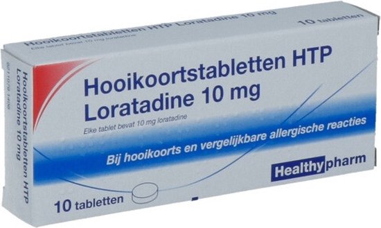 Verpakking hooikoortstabletten HTP Loratadine 10 mg van Healthypharm. Doos met rode en blauwe accenten, met 10 tabletten.