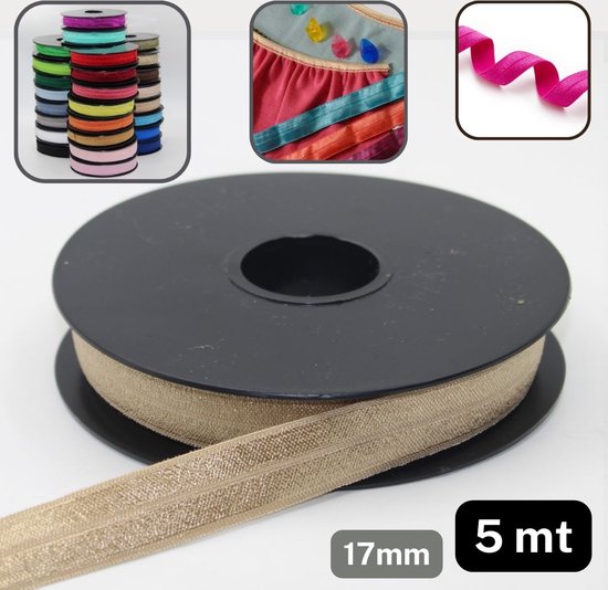 BIAIS ÉLASTIQUE SATINÉ DE 5 MÈTRES, Largeur 17 mm, Avec Pli au Centre, Couleur BEIGE FONCÉ