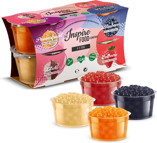 Foto: Inspire food company bubble tea bubble tea parels popping boba pearls popping fruitparels aardbei passievrucht litchi blauwe bes 4 x 100 gram