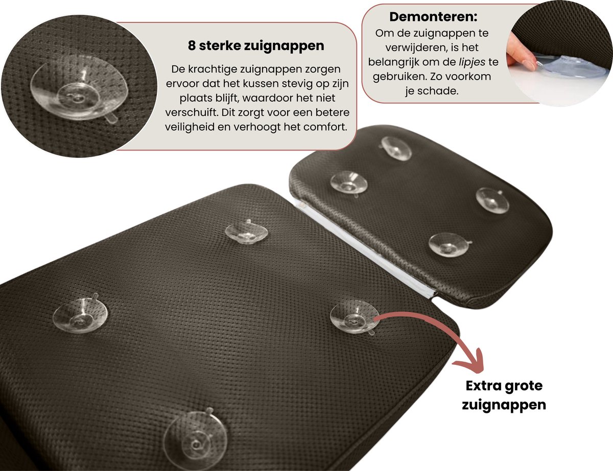 HelloBath® - Luxe Badkussen (afritsbaar) - Kussen voor in bad - Nek - en rugondersteuning in bad - Badzitje - Incl. Waszak - Zwart — afbeelding 4