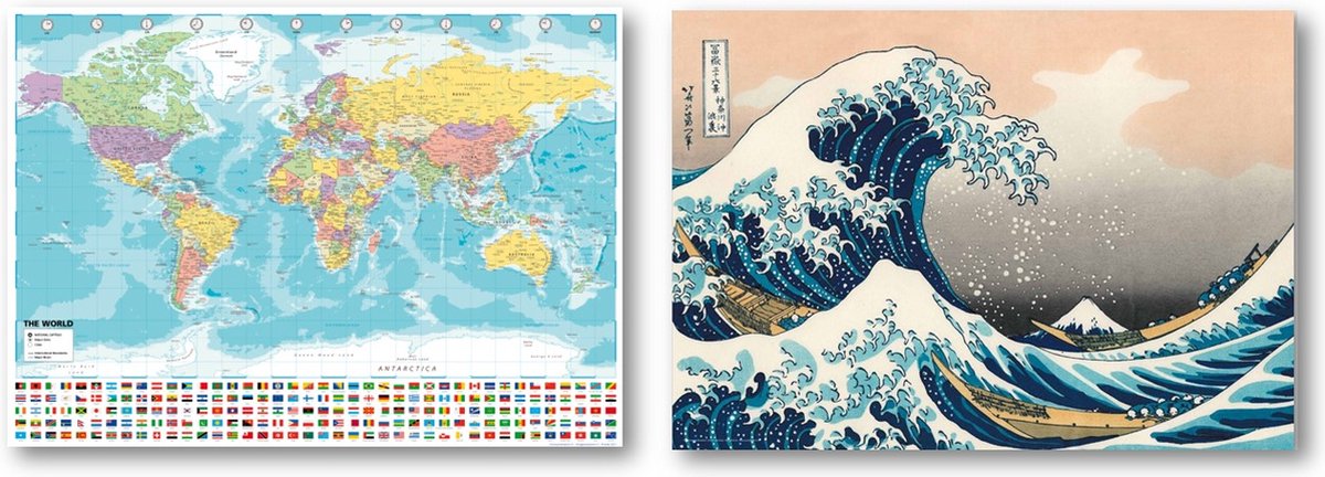 Posterpoint Wereldkaart poster + Great Wave of Kanagawa XXL poster - Set van twee posters - Formaat wereldkaart 50 x 70 cm - Formaat Kanagawa poster 84 x 120 cm multi