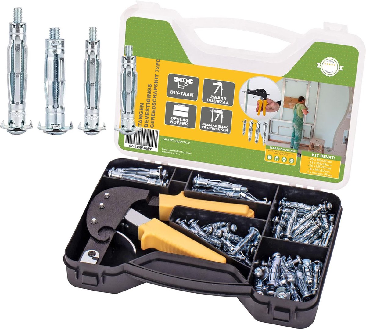 BLOSTM 72 Stuks Heavy Duty Gipsplaatbevestigingen Met Klinknagelpistool En Draagtas - Complete Set Voor Stevige Wandankers