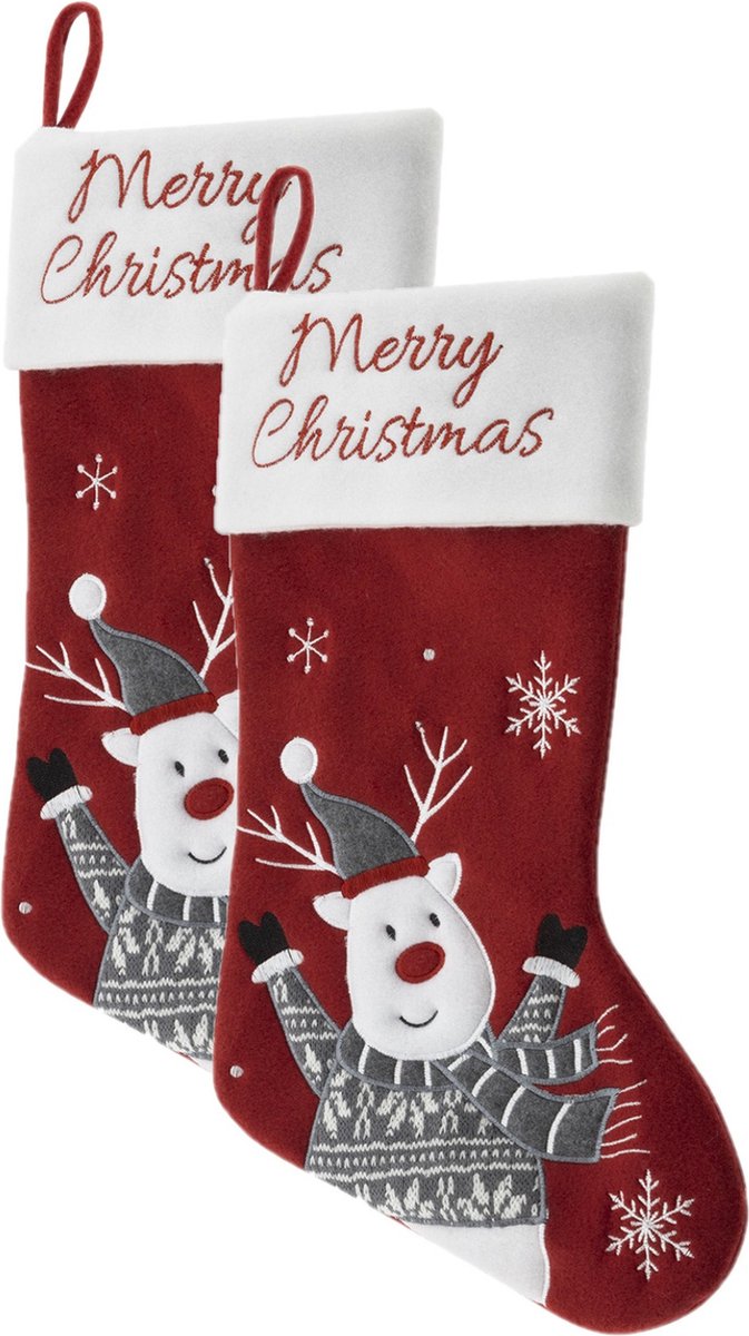 HI Decoratie kerstsokken - 2x - rood - met rendier - H45 cm - velvet - Merry Christmas