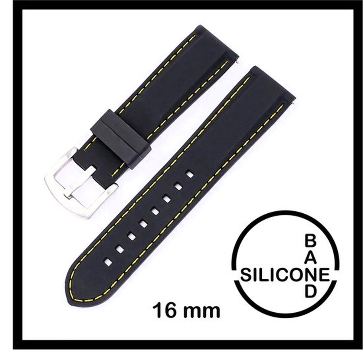 16mm Rubber Siliconen horlogeband zwart met gele stiksels passend op o.a Casio Seiko Citizen en alle andere merken - 16 mm Bandje - Horlogebandje horlogeband