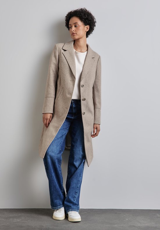 Street One long revers coat solid Dames Jas - Quinoa Beige Melange - Maat 40