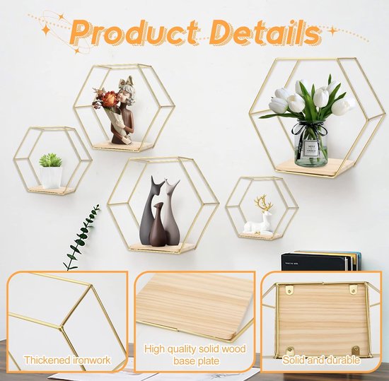 Multifunctioneel Wandrek - planken, 5-delige set, goud | bol