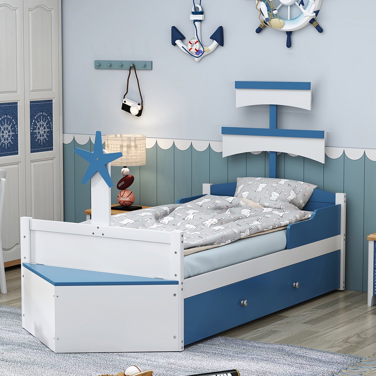 Lit Cabane Enfant 90x200 Cm Avec Table De Chevet Et Tiroir – Bois Blanc Et Chêne – Stimule L’imagination Et Gain De Place