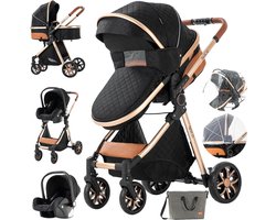 Verkoop Nederland® - Multifunctionele Buggy 3in1 - Met Autostoeltje - Van 0 Tot 36 Maanden - Luxe Kinderwagen - Zwart/Goud - Helemaal Compleet Met Mama Tas, Mosquito Net, Regen Hoes, Benen Zak, Zomer Mat, Matrasje