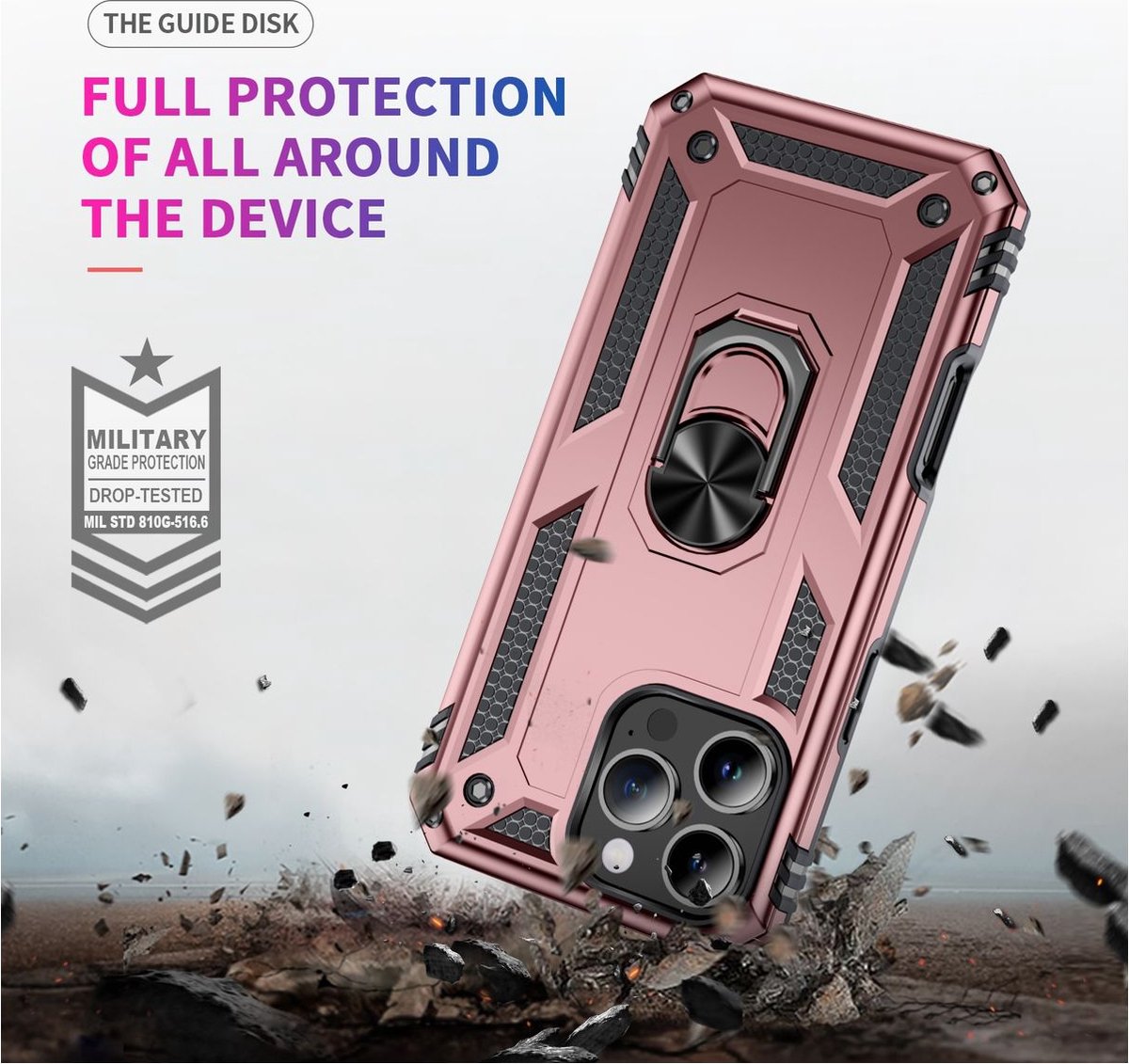 Mobigear Hoesje geschikt voor Apple iPhone 16 Pro Telefoonhoesje Hardcase | Mobigear Armor Ring Backcover Shockproof met Ringhouder | Schokbestendig iPhone 16 Pro Telefoonhoesje | Anti Shock Proof - Roségoud
