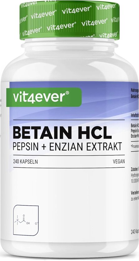 Foto: Beta ne hcl 240 capsules met 695 mg premium met pepsine bittergentiaan volledig spectrum spijsverteringsenzymen hoge dosis veganistisch vit4ever