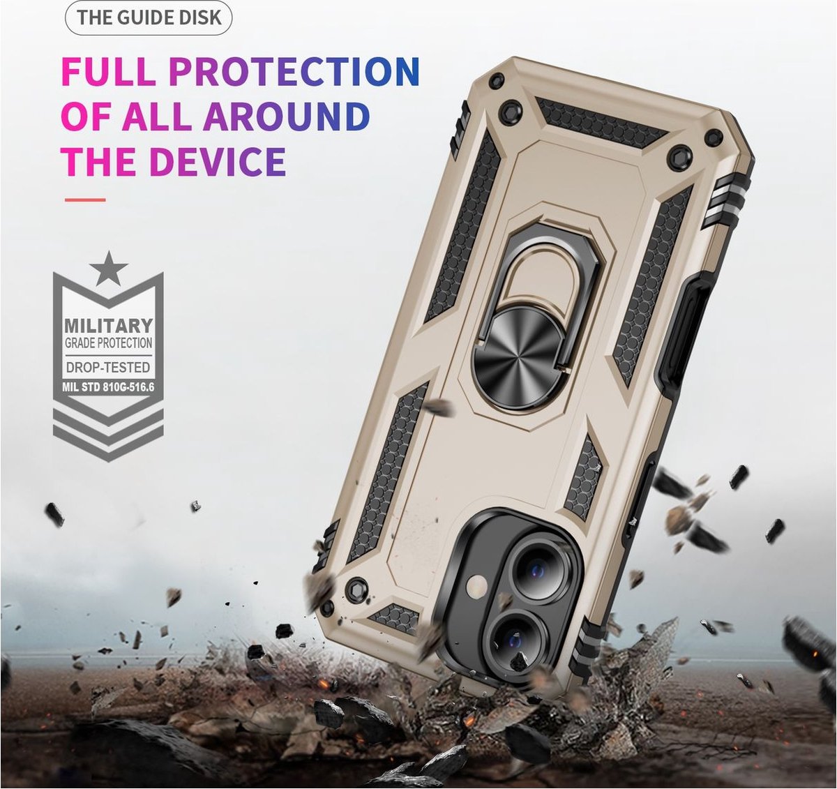 Mobigear Hoesje geschikt voor Apple iPhone 16 Telefoonhoesje Hardcase | Mobigear Armor Ring Backcover Shockproof met Ringhouder | Schokbestendig iPhone 16 Telefoonhoesje | Anti Shock Proof - Goud