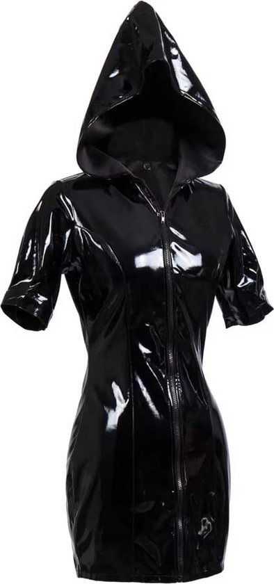Robe érotique porno femme - Latex effet mouillé - Cuir PVC - Avec capuche - RedParrot - Mini robe érotique - Fermeture éclair sur le devant