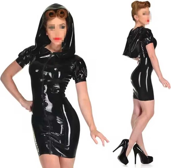 Robe érotique porno femme - Latex effet mouillé - Cuir PVC - Avec capuche - RedParrot - Mini robe érotique - Fermeture éclair sur le devant