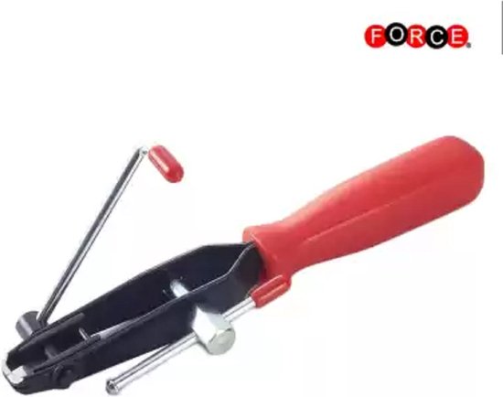 Force klembandtang met rode handgreep en metalen bekken.