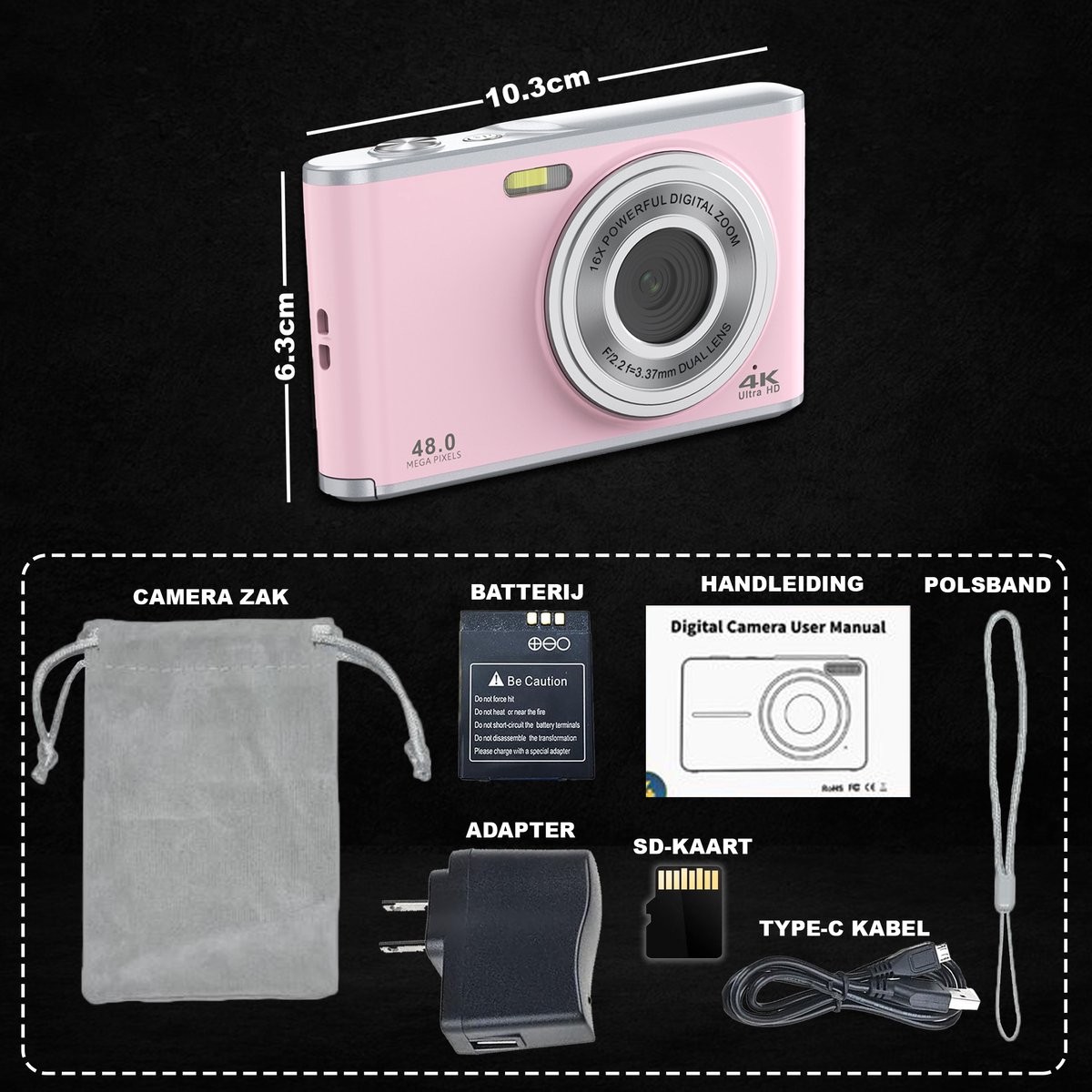 K&L Digitale Camera 4K - Fototoestel - Fotocamera - Compact Camera - Vlog Camera - Voor Kinderen - Inclusief 64GB - NL Software - Roze thumbnail 7