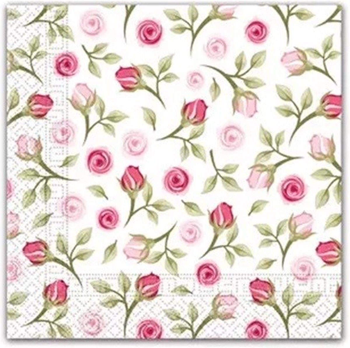 40 Roosjes - Rozenknopjes - Bloem - Servetten - Wit - Roze - Groen - 33 x 33 cm - 3-Laags - Decorata