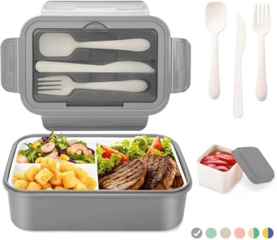 Foto: Lunchbox voor volwassenen en kinderen bentobox broodtrommel 1400 ml 3 vakken incl bestek geschikt voor magnetron en vaatwasser voor school werk picknick en reizen