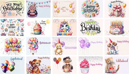 Foto:  20 dubbele verjaardag wenskaarten incl enveloppen set dieren gevouwen cupcakes gefeliciteerd happy birthday felicitatie ansichtkaart verjaardagskaart vrolijk taart confetti ballonnen volwassenen kinderen 