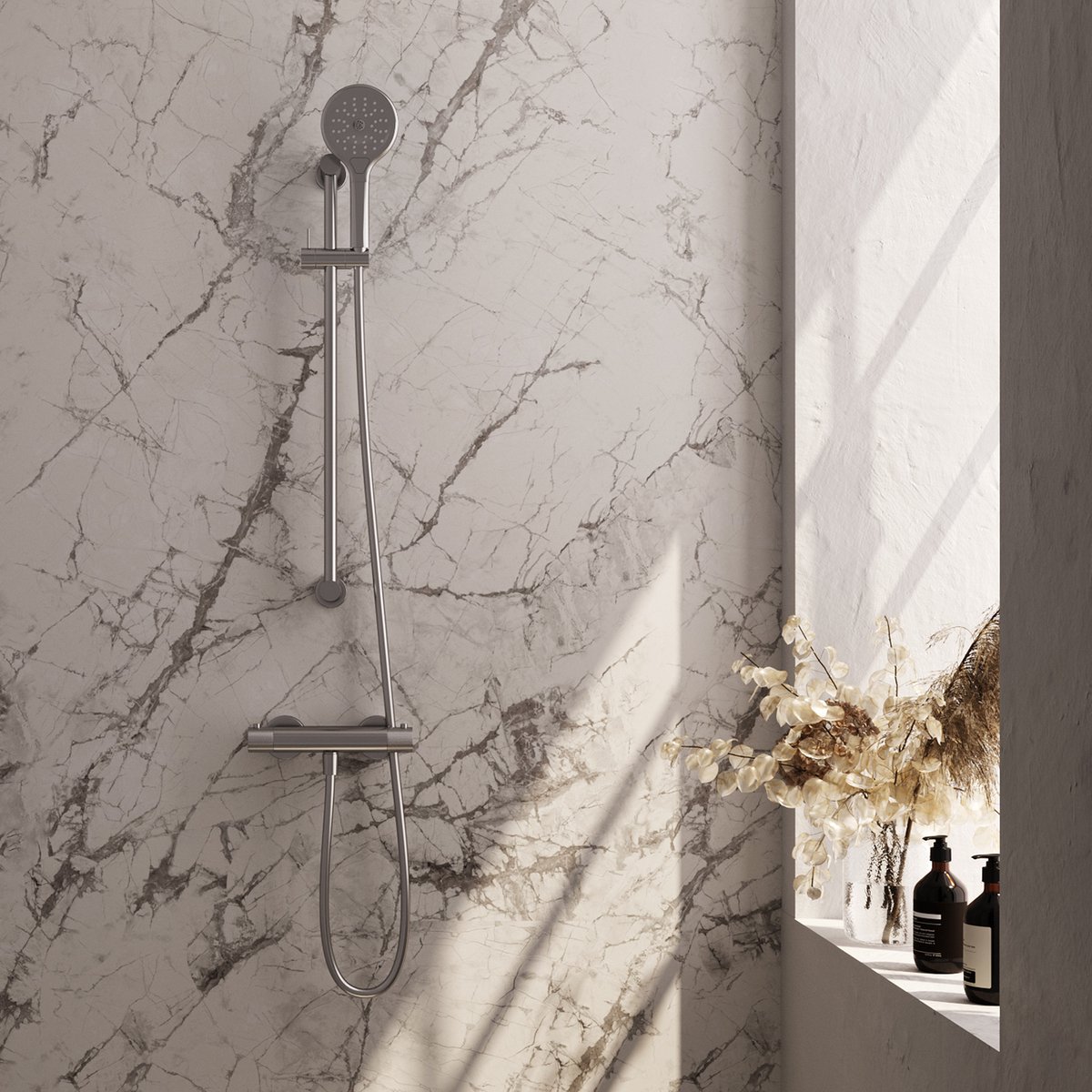 Brushed Carving opbouw douche thermostaatkraan SET 02 met glijstang en handdouche