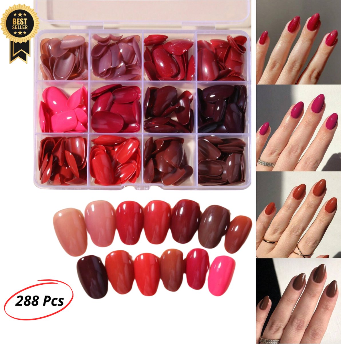 Goedkoopste GUAPÀ® Plaknagels Rood Tinten | 288 stuks valse nagels | Press On Nails | Zelfklevende Plaknagels | Nepnagels | Kunstnagels | Compleet plaknagels starterspakket | Nagels Wraps | Nail Art | Winter Nagels | 288 stuks plaknagels Rood Tinten