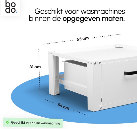 Bodo® - Wasmachine Verhoger - Kast - Ombouw met Lade - Wit - 63x54x31cm