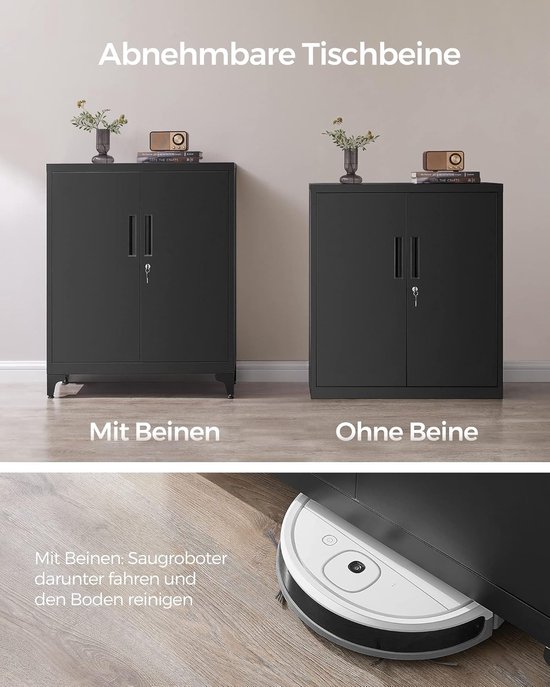 Zwarte kast met en zonder poten, met een robotstofzuiger onder de kast met poten.