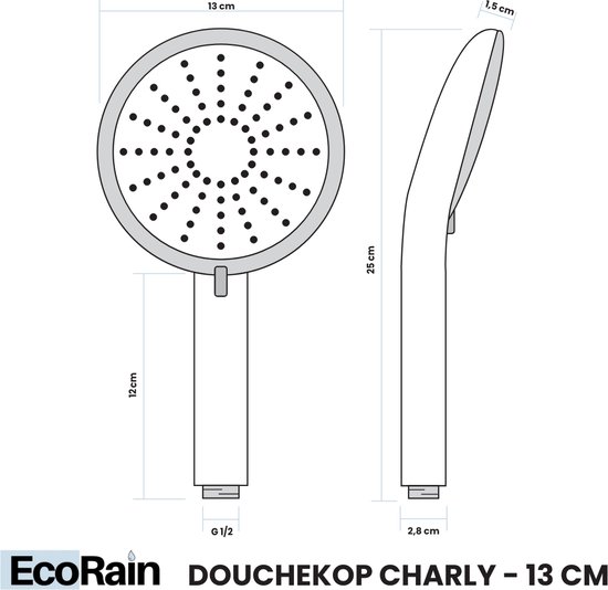 EcoRain© 50% Waterbesparende Douchekop Charly 13 CM met Doucheslang en Waterfilter - 3 Sproeistanden - Universele Aansluiting - Anti-kalk Douchekop - 2 jaar garantie - Chroom