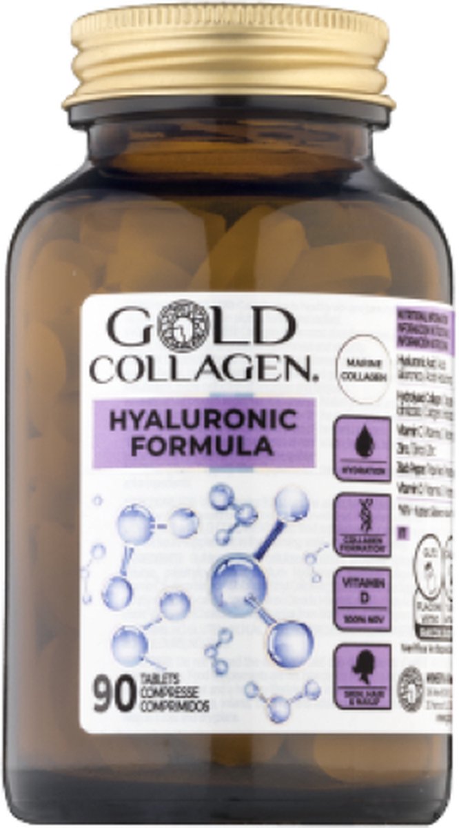 Goedkoopste HYALURONIC FORMULA (by Gold Collagen)- Huid hydratie boost - welzijn - Hyaluronzuur 90 tablets - Met Vitamine C en D - 6 actieve ingrediënten - Gehydrolyseerd marien collageen - Helpt afbouw van collageen te voorkomen. Alleen gebruik of in combinatie