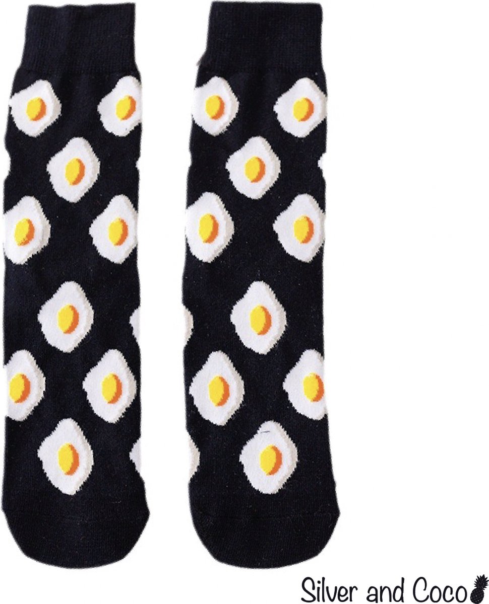 SilverAndCoco® - Ei Sokken / Gekke Vrolijke Foute Happy Sokken voor Volwassenen / Leuke Grappige Dikke Warme Heren Vrouwen Socks / Verjaardag Sok Outfit Katoen / Mannen Vrouwen Kerst Cadeau met Tekst - Eieren