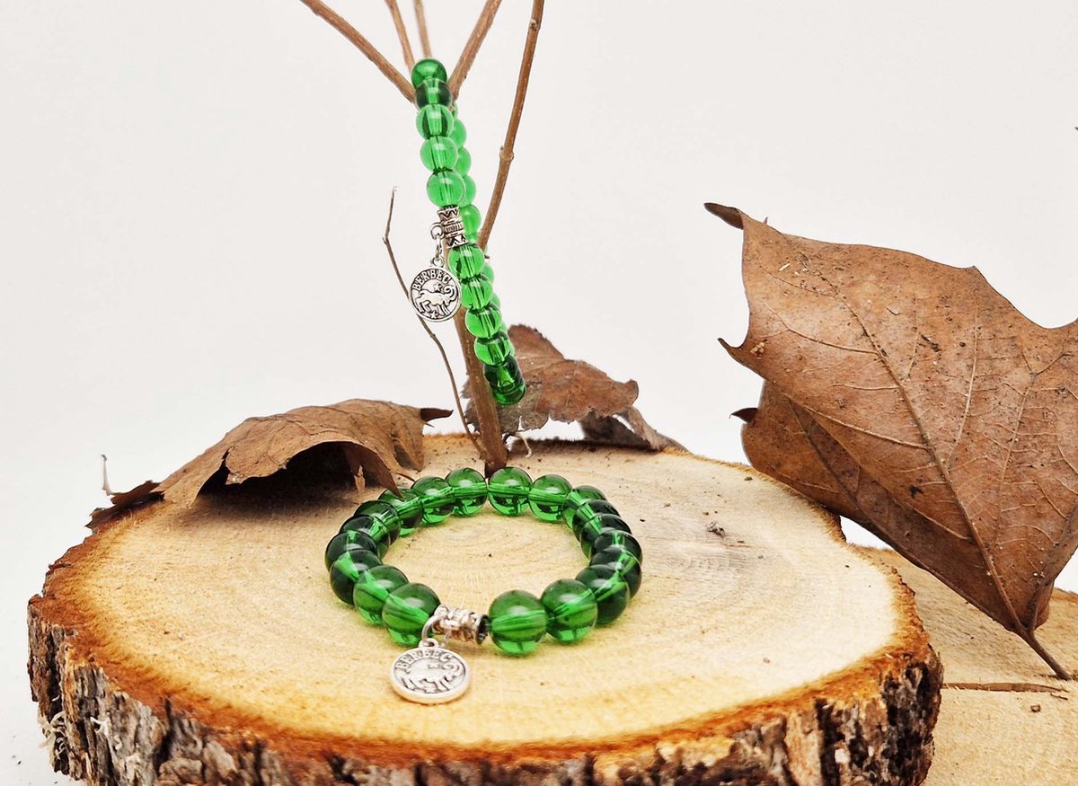 Handgemaakte natuursteen Geluksarmband met hanger "Astrologische Symbolen " Groene kwartz " -10 mm diameter van de korrel- Diameter armband 20 cm - Kies je favoriete Astrologische Symbolen - Een mooi cadeau voor familie en vrienden