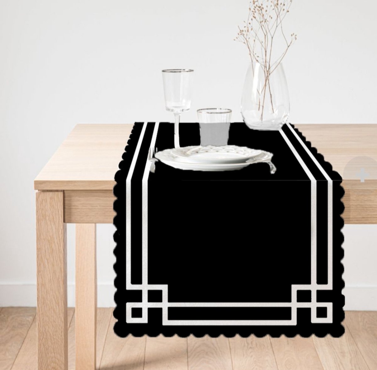 Bedrukt Velvet textiel 45x260 - Tafelloper - Witte kader op Zwart - Fluweel