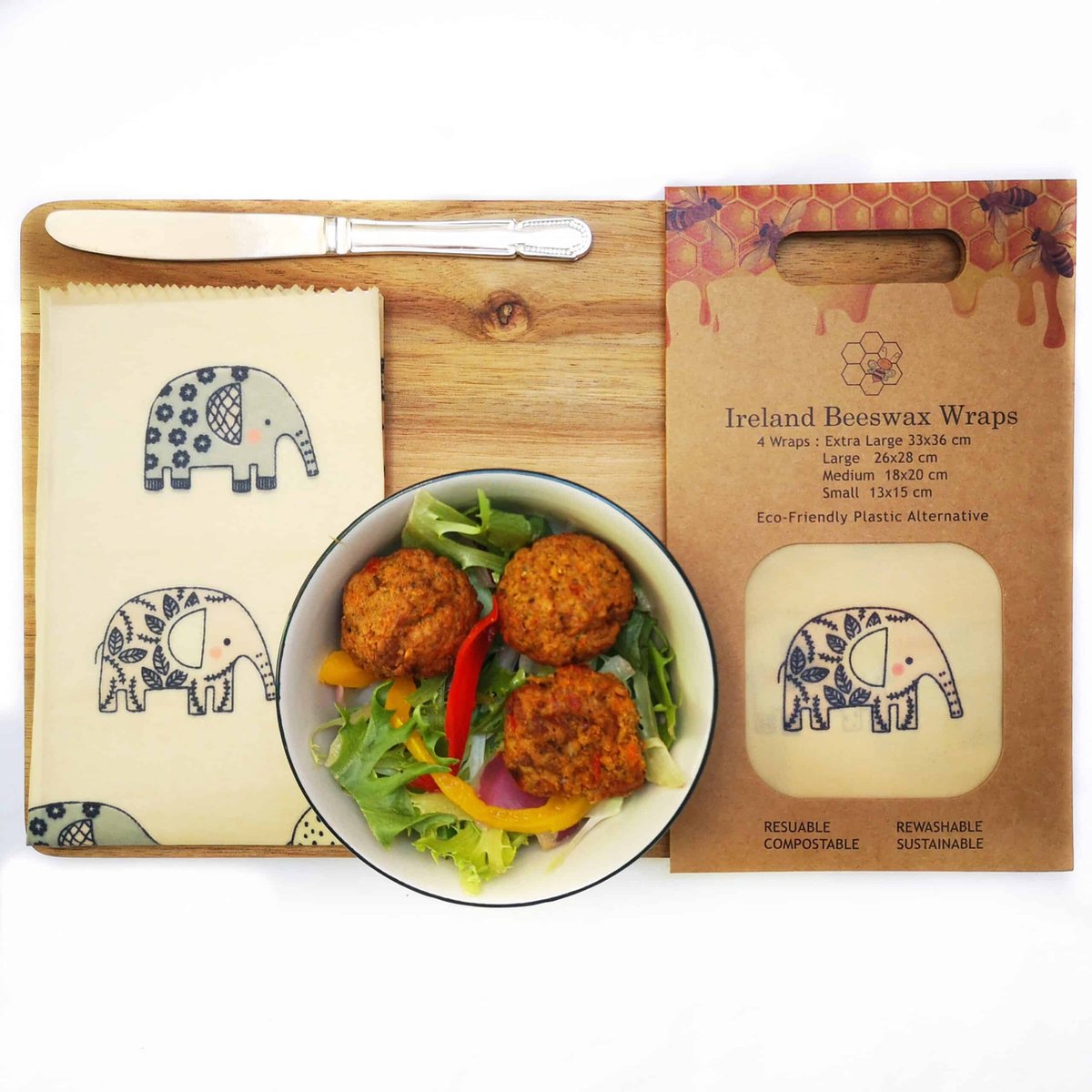 iFoulki Bijenwas wraps - Beeswax food wrap - Beewax - Bee wrap - Bijenwasdoek - Zero Waste - 4 stuks - Herbruikbaar - Duurzaam Cadeau - Boterhamzakje - Bijenwas Doek - Olifant