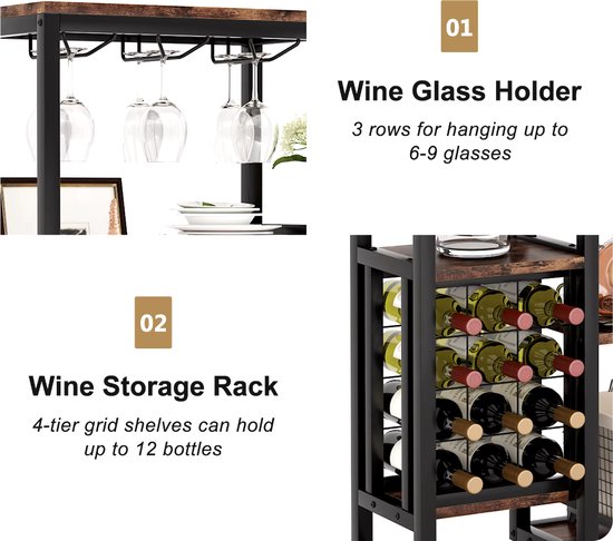 Armoire à vin - Casier à vin - Armoire à boissons - Placard - Porte-verres à vin - Porte-bouteilles - Industriel - Bois et métal - Marron/ Zwart - 175x80x30cm