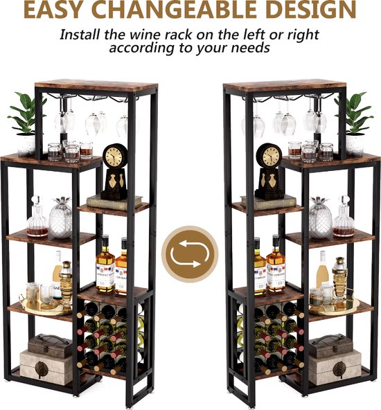 Armoire à vin - Casier à vin - Armoire à boissons - Placard - Porte-verres à vin - Porte-bouteilles - Industriel - Bois et métal - Marron/ Zwart - 175x80x30cm