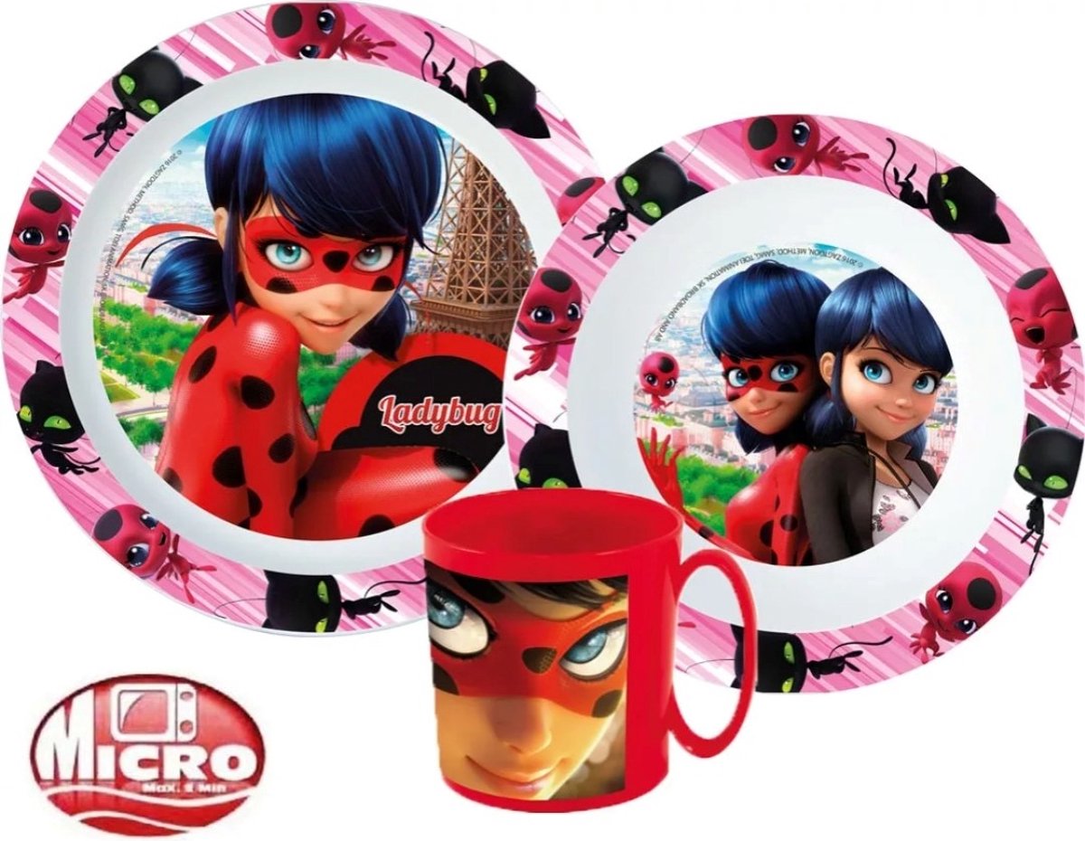 Goedkoopste Miraculous Ladybug Ontbijtset - Lunchset - Dinerset Bord, Schaal en Beker 350ml