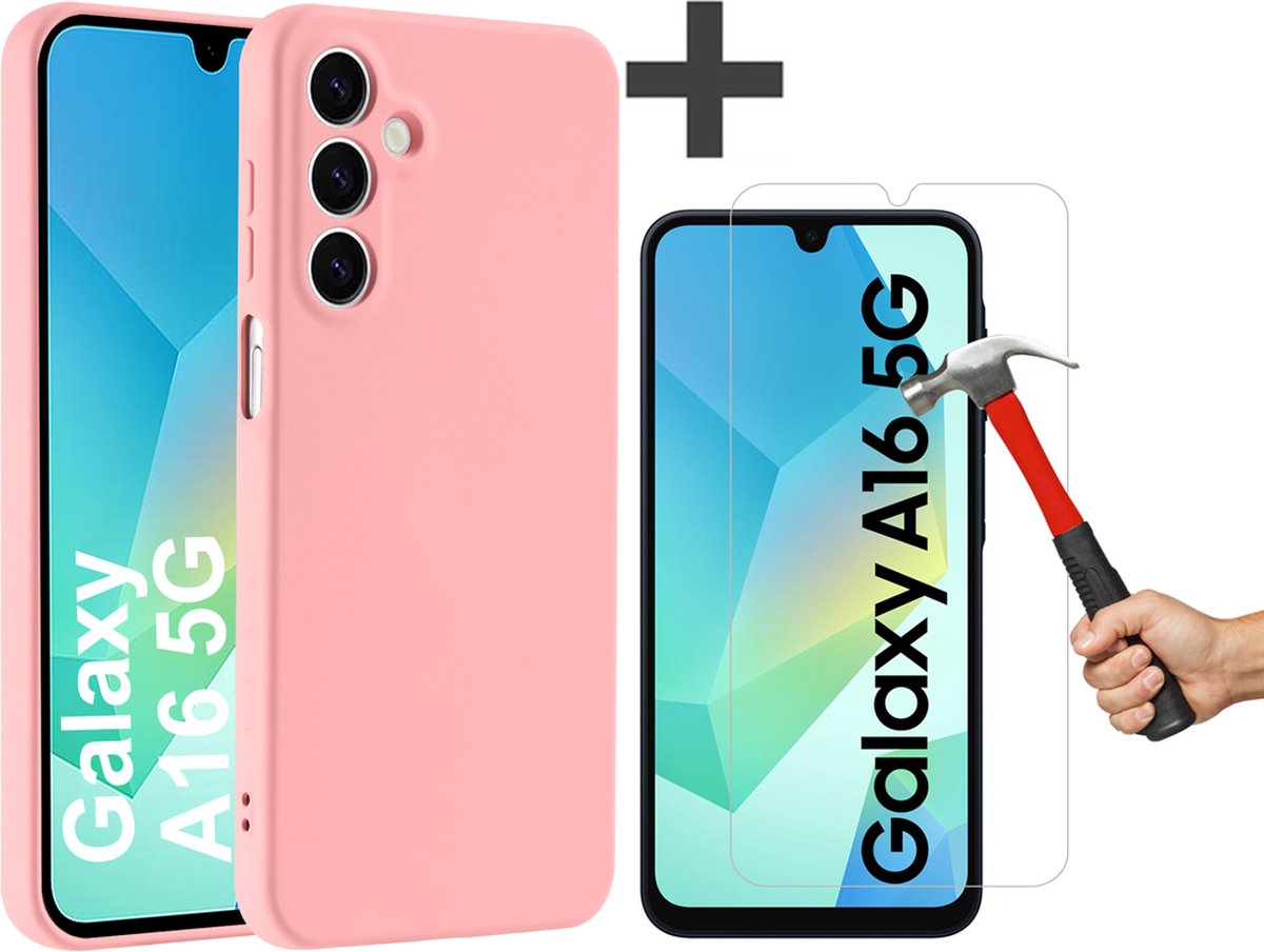 Hoesje geschikt voor Samsung Galaxy A16 (5G/4G) hoesje zacht siliconen met gehard glas Screenprotector- Arara backcover- Roze