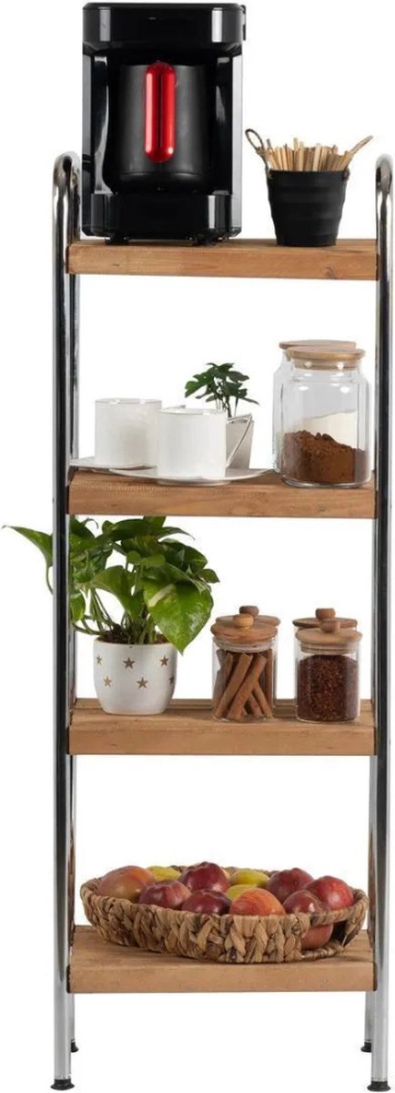 Keukentrolley - Keukenkast - Keukenrek Staand - Boekenkast - Badkamerrek - Handdoekenrek - Industrieel - Metaal - Zilver - Hout - Bruin- 37x23x100 cm